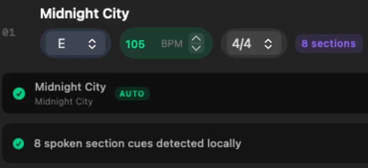 A plan imported from Planning Center in Plan2Live: each song with its key, tempo, time signature and sections, and its stems folder found.
