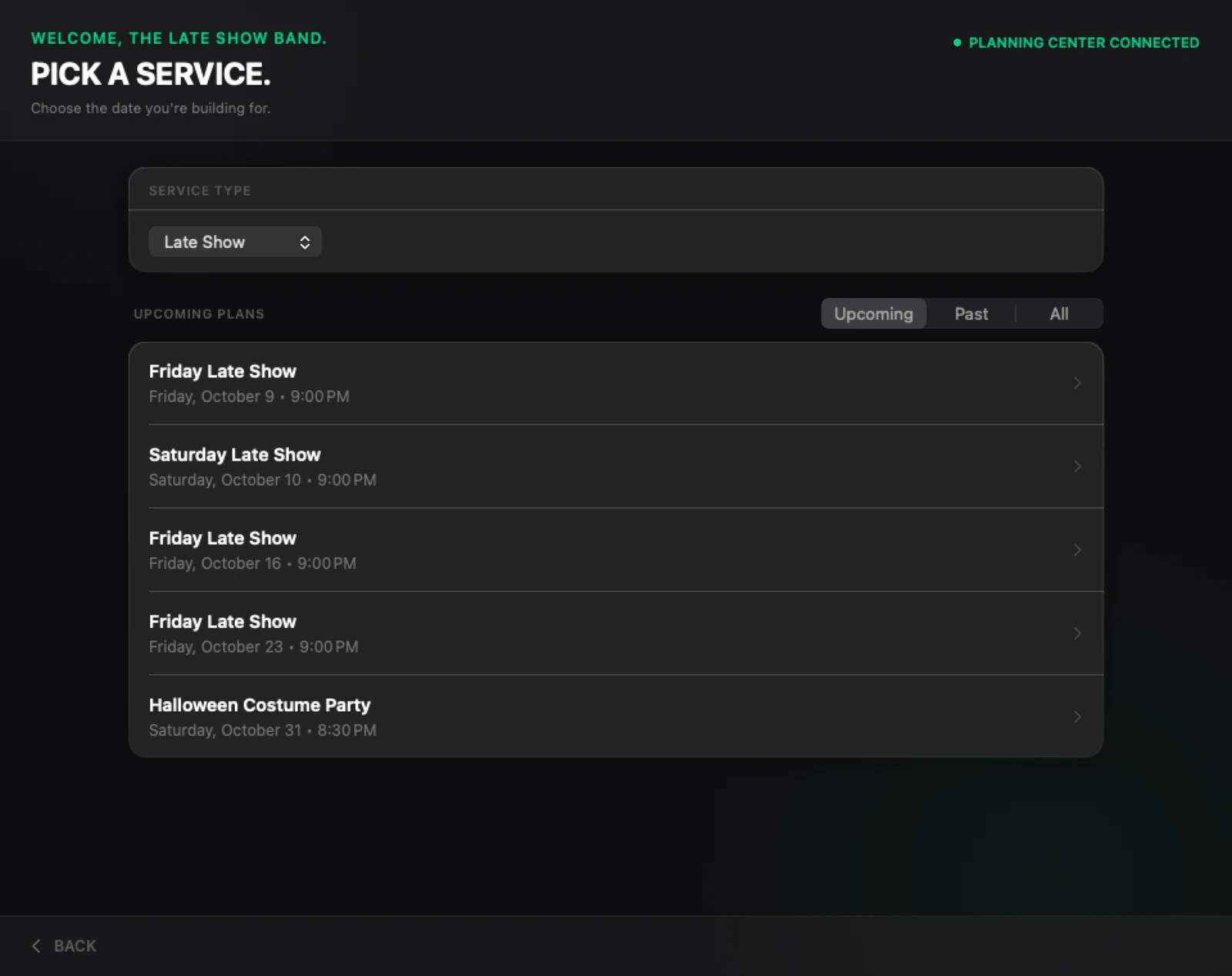 The Planning Center screen, as version 2.8.2 titled it (Pick a Service): Planning Center connected, a service type chosen, and a list of upcoming plans with their dates.