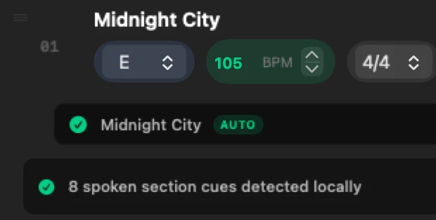 Plan2Live's Confirm + Edit screen: a typed setlist with each song's key, tempo and time signature, its stems folder found, and 8 spoken section cues detected.