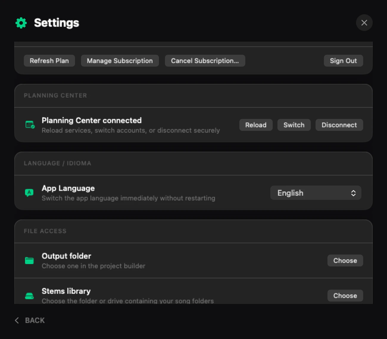 The Settings window: account buttons, Planning Center connected with Reload, Switch and Disconnect, App Language, and File Access.