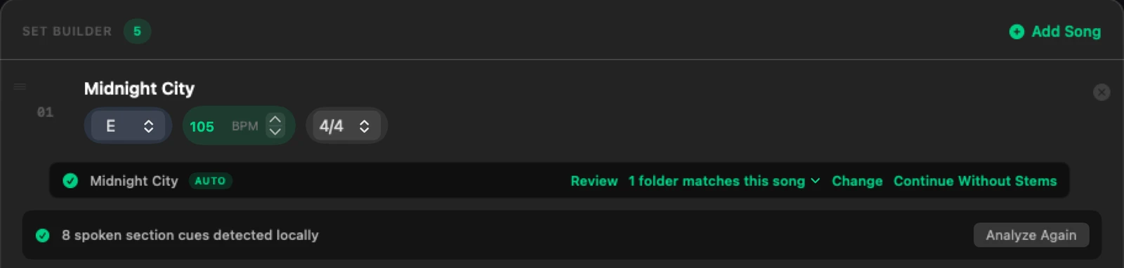 One song row in Plan2Live: Midnight City, E, 105 BPM, 4/4, its folder found automatically, and 8 spoken section cues detected locally.