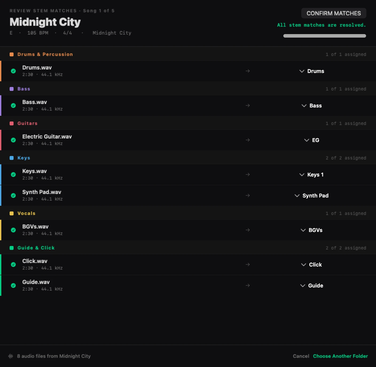 Plan2Live's Review Stem Matches: every stem of one song matched to its track, grouped by instrument, click and guide included.